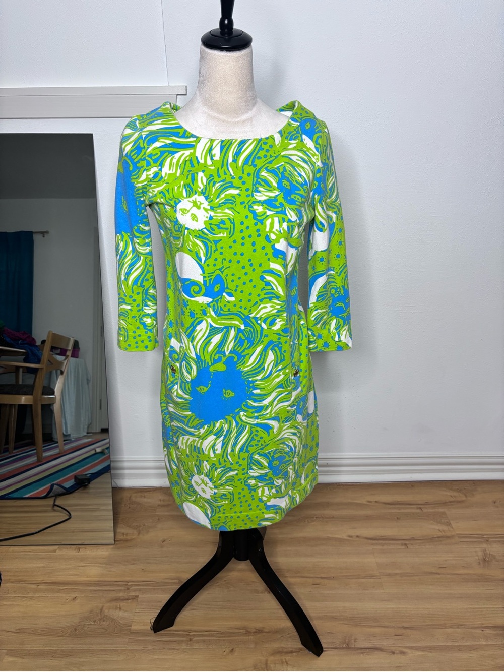 Lilly Pulitzer Lime Green & Blue Floral Shift Dress 1960’s Retro Look